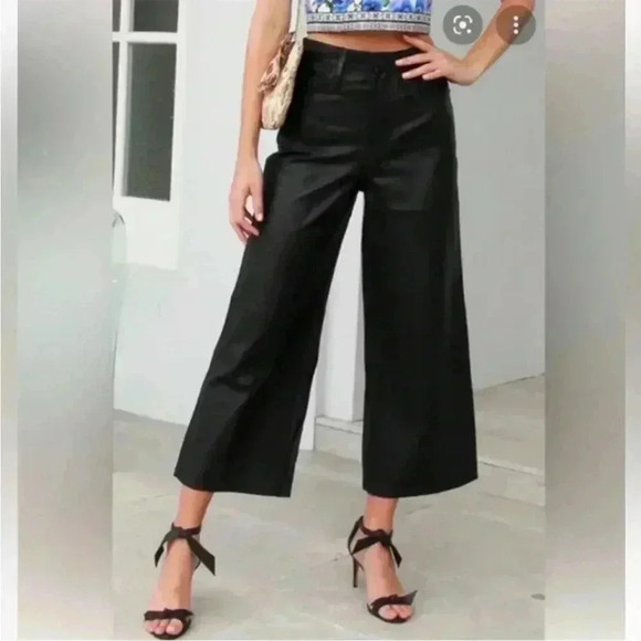 NWT Frame Denim High Rise Wide Leg Crop Leather Pants Jeans Noir Black 27 - Picture 3 of 7